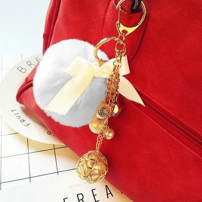 Rabbit Hair Unique Keychains Fur Pompom Ball Pearl  #A146