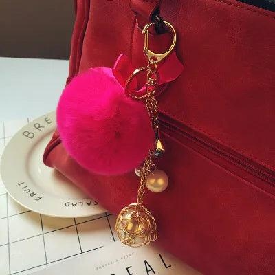 Rabbit Hair Unique Keychains Fur Pompom Ball Pearl  #A146