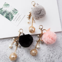 Rabbit Hair Unique Keychains Fur Pompom Ball Pearl  #A146