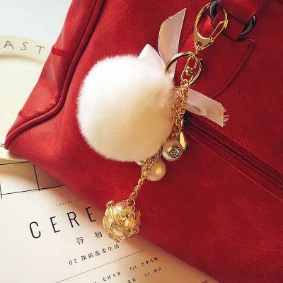 Rabbit Hair Unique Keychains Fur Pompom Ball Pearl  #A146