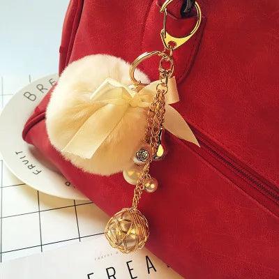 Rabbit Hair Unique Keychains Fur Pompom Ball Pearl  #A146