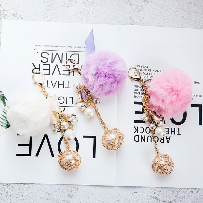 Rabbit Hair Unique Keychains Fur Pompom Ball Pearl  #A146