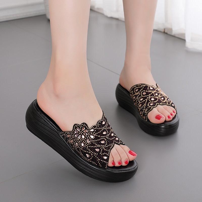 TM1153 Rhinestone Leather  Casual Shoe Slippers with Wedges