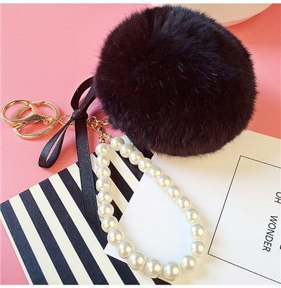 Unique Key Chain 2021 Pearl Crystal Bottle Bow Pompom Fluffy Puff Ball Keychains