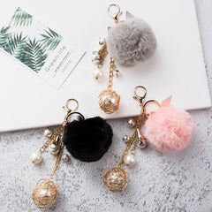 Rabbit Hair Unique Keychains Fur Pompom Ball Pearl  #A146