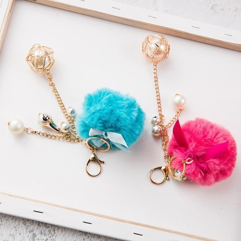 Rabbit Hair Unique Keychains Fur Pompom Ball Pearl  #A146