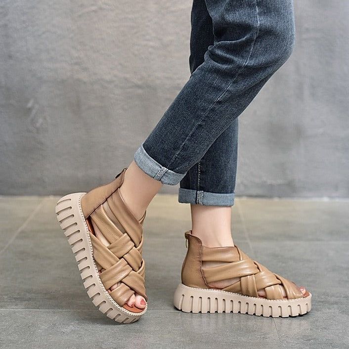 Women Casual Shoes EM721 Gladiator Sandals Boots Leather Wedges Platform