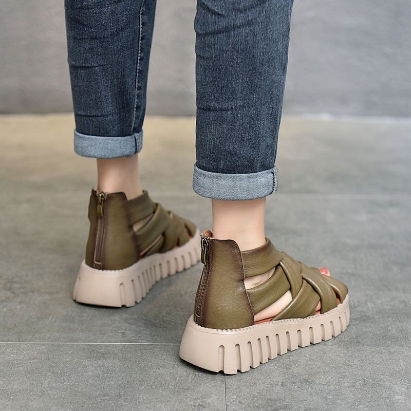 Women Casual Shoes EM721 Gladiator Sandals Boots Leather Wedges Platform