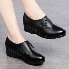 Casual Shoes Black Leather Wedges High Heels FS8827