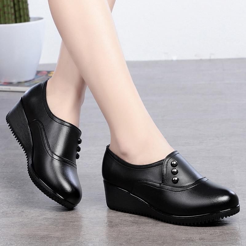 Casual Shoes Black Leather Wedges High Heels FS8827