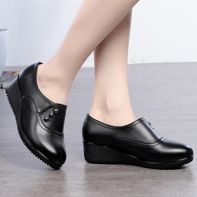 Casual Shoes Black Leather Wedges High Heels FS8827