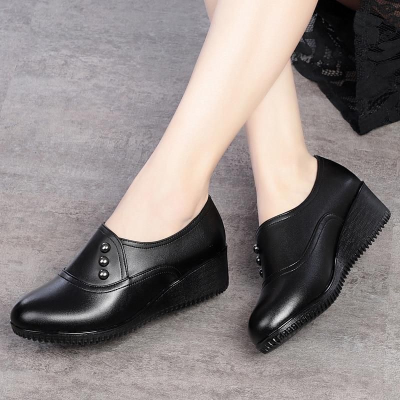 Casual Shoes Black Leather Wedges High Heels FS8827