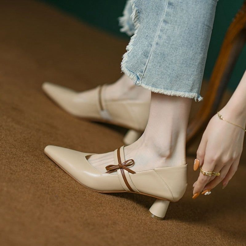 Casual Shoes GCSNOS10 Round High Heel Leather Bow-Knot Pumps