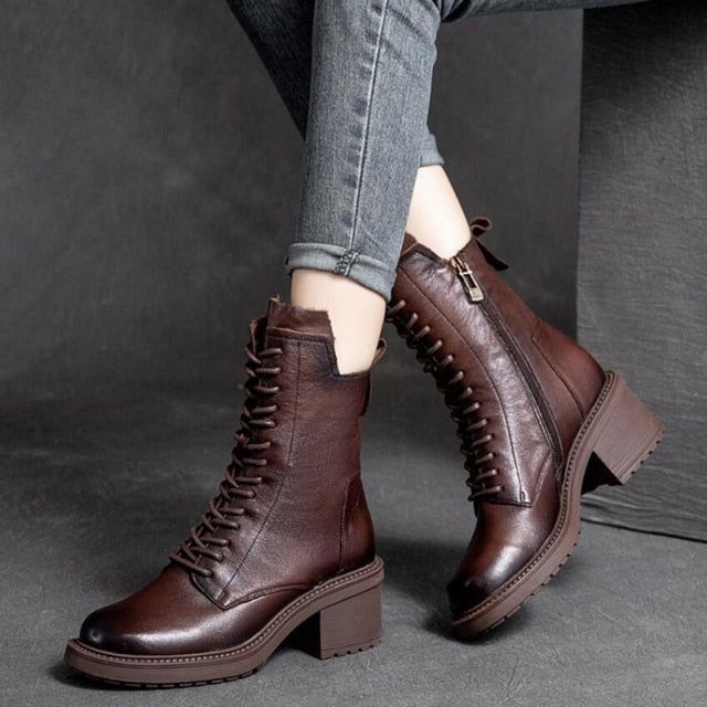 Casual Shoes Leather Brown Ankle Boots Wedge Heels GRCL0259