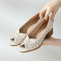 Casual Shoes: Leather Mid Heel Hollow Sandals - KZ321