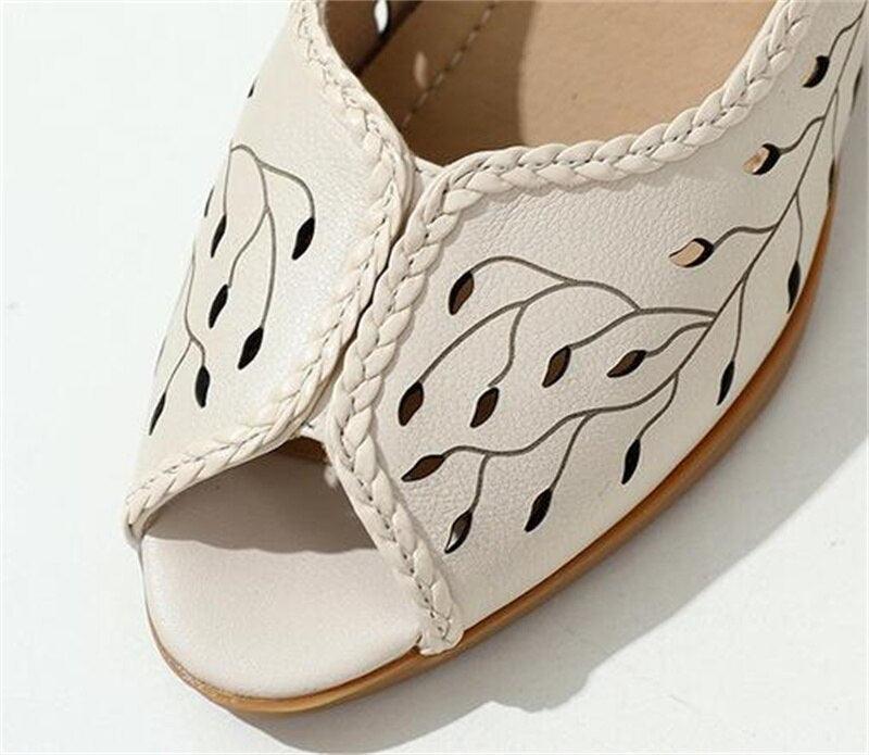 Casual Shoes: Leather Mid Heel Hollow Sandals - KZ321