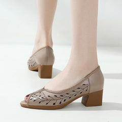 Casual Shoes: Leather Mid Heel Hollow Sandals - KZ321