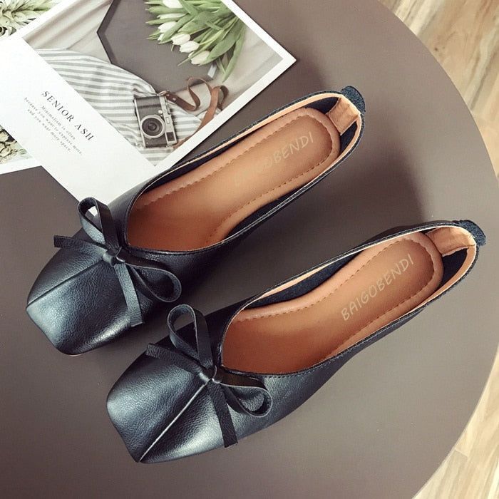 Casual Shoes Leather Square Toe Ballet Bow knot Flats CS0128