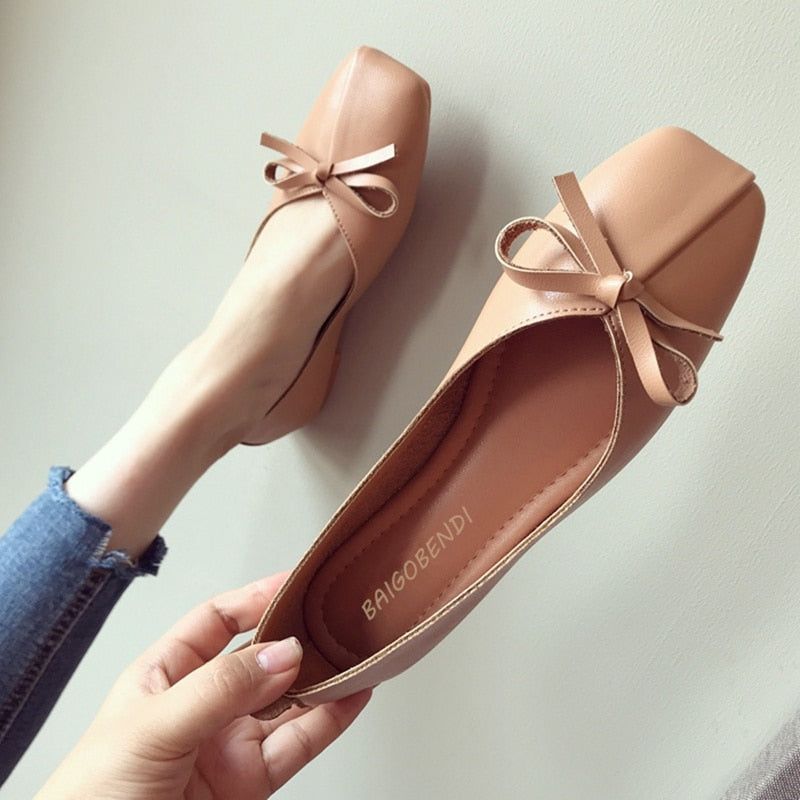 Casual Shoes Leather Square Toe Ballet Bow knot Flats CS0128