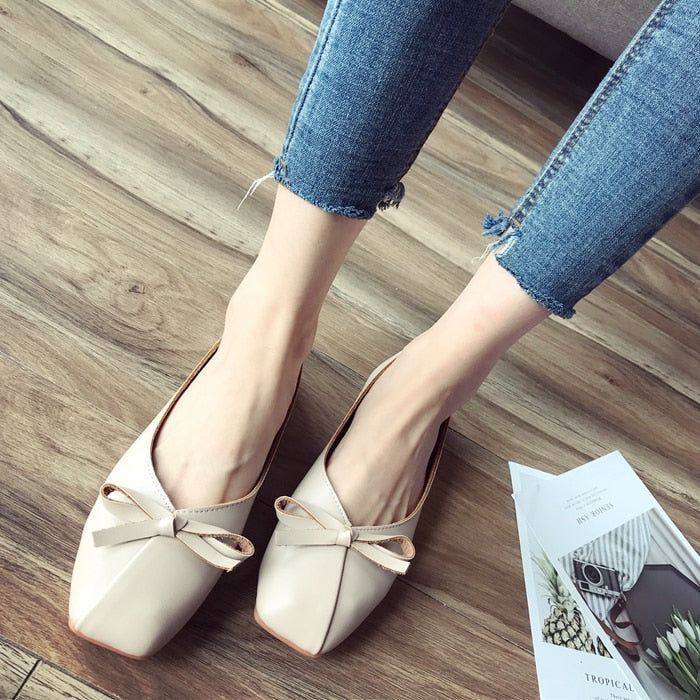 Casual Shoes Leather Square Toe Ballet Bow knot Flats CS0128