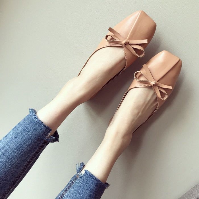 Casual Shoes Leather Square Toe Ballet Bow knot Flats CS0128