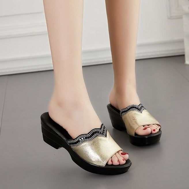 Casual Shoes Leather Summer Slippers High Heels Rhinestone