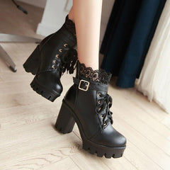 Casual Shoes Pu Leather Warm Winter Boots 2021  High Heel Lace Up Female Shoes