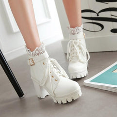 Casual Shoes Pu Leather Warm Winter Boots 2021  High Heel Lace Up Female Shoes