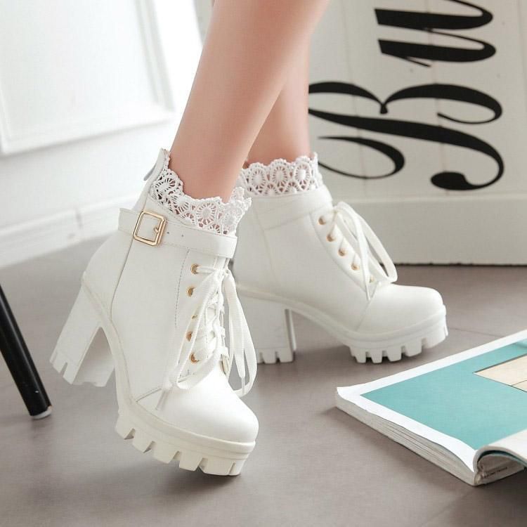 Casual Shoes Pu Leather Warm Winter Boots 2021  High Heel Lace Up Female Shoes