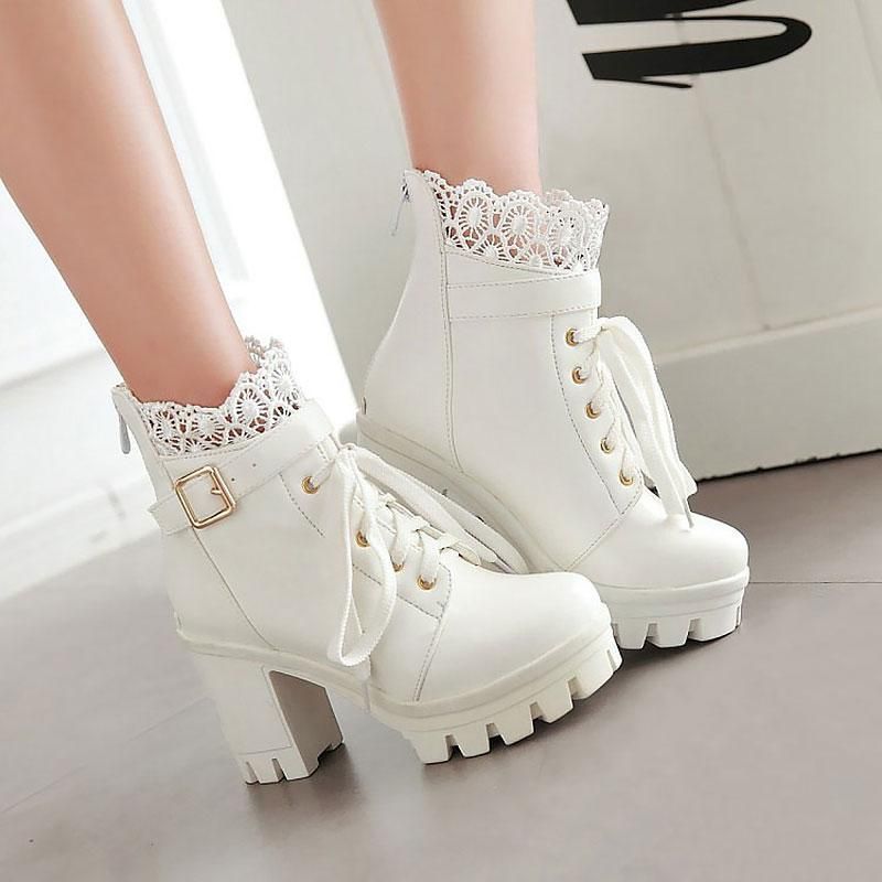 Casual Shoes Pu Leather Warm Winter Boots 2021  High Heel Lace Up Female Shoes