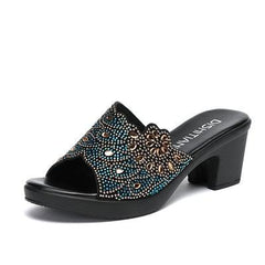 Casual Shoes Slippers High Heels Rhinestone Leather - TZ306