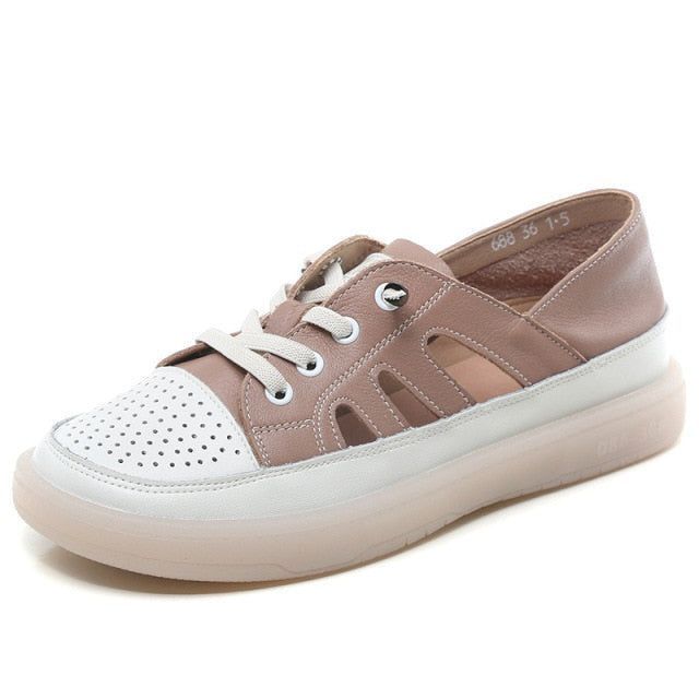 Casual Shoes Sneakers Genuine Leather Hollow Flat Breathable Lace Up Soft Sole Shoes