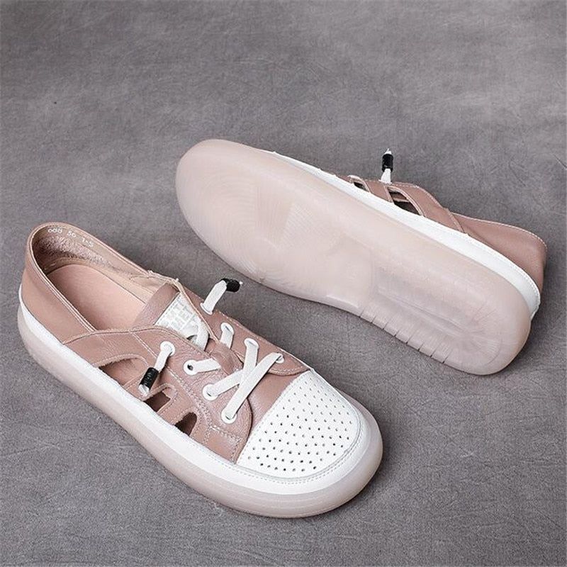 Casual Shoes Sneakers Genuine Leather Hollow Flat Breathable Lace Up Soft Sole Shoes