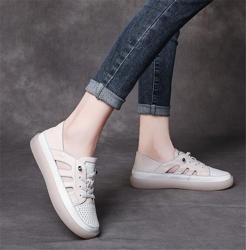 Casual Shoes Sneakers Genuine Leather Hollow Flat Breathable Lace Up Soft Sole Shoes