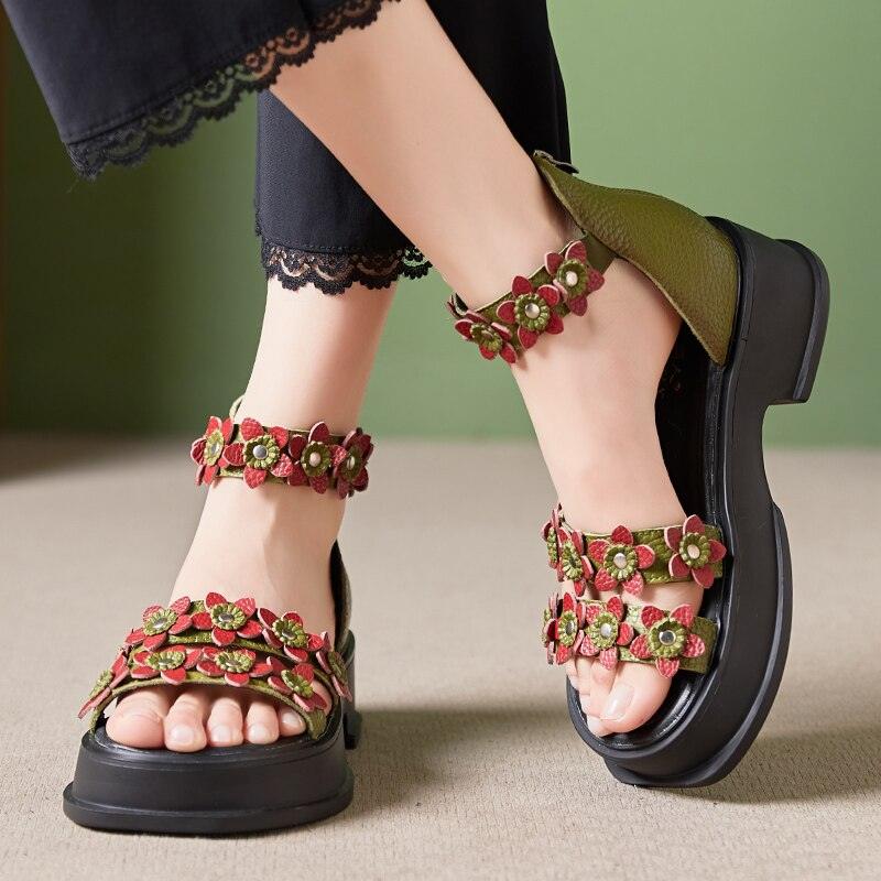 Leather High Heel Wedges Platform Sandals with Floral Design - TJ352 Casual Shoes