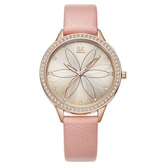 Simple Cheap Watches Linear Flowers Leather Crystal  Quartz SOS1227