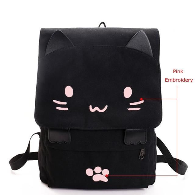 XA909H Canvas Cool Backpack: Cartoon Cat Embroidery School Bag