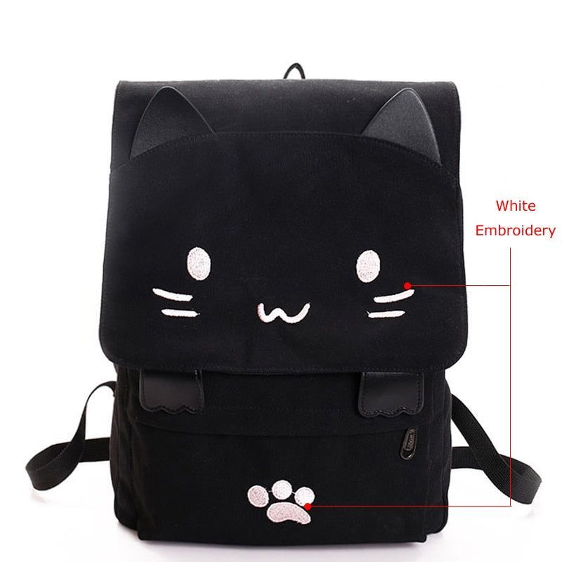 XA909H Canvas Cool Backpack: Cartoon Cat Embroidery School Bag