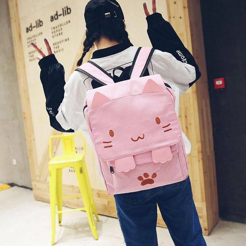 XA909H Canvas Cool Backpack: Cartoon Cat Embroidery School Bag